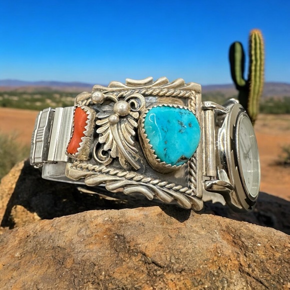 Vintage Sterling Silver Navajo Turquoise Stone Band Watch - Picture 2 of 4